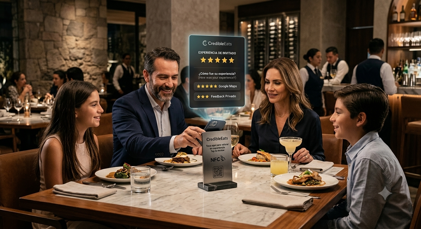 Stand NFC de CredibleEats en mesa de restaurante